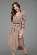 Collared Half Button 3/4 Sleeve Belted Midi Dress
