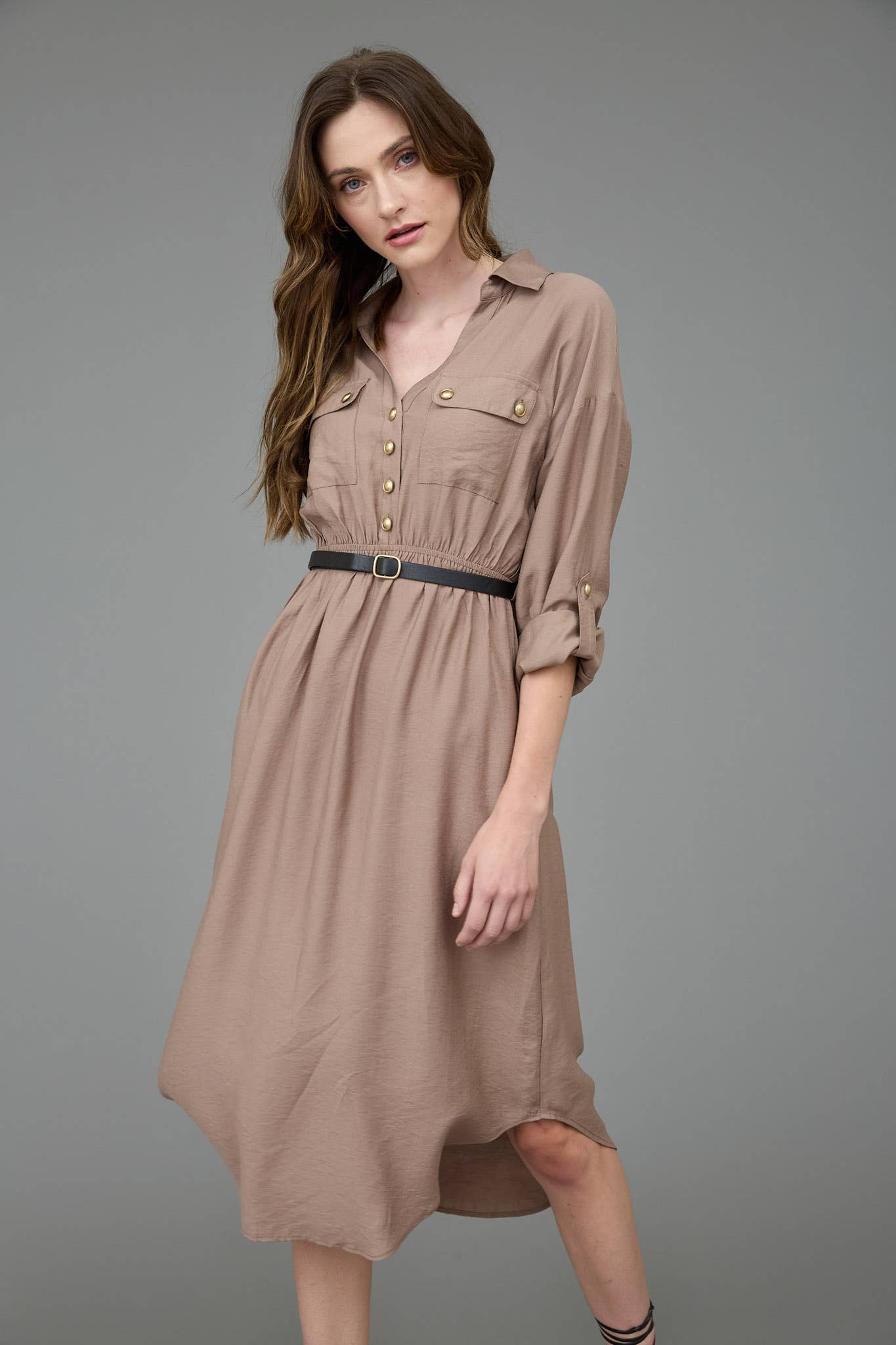 Collared Half Button 3/4 Sleeve Belted Midi Dress