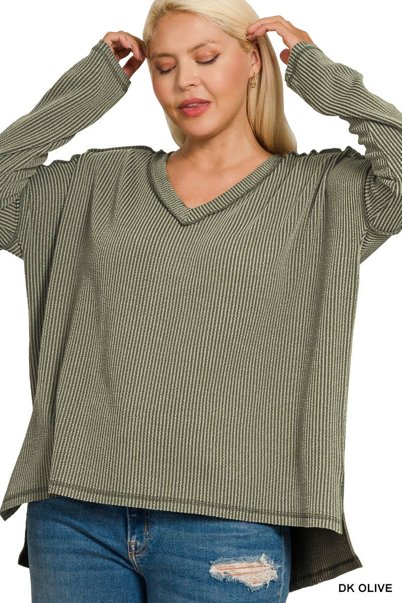 0815 Plus Raised Rib Long Sleeve Hi Low V Neck Top SI-28344