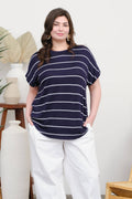 Plus Stripe Round Neck Short Cuff Sleeve Knit Top