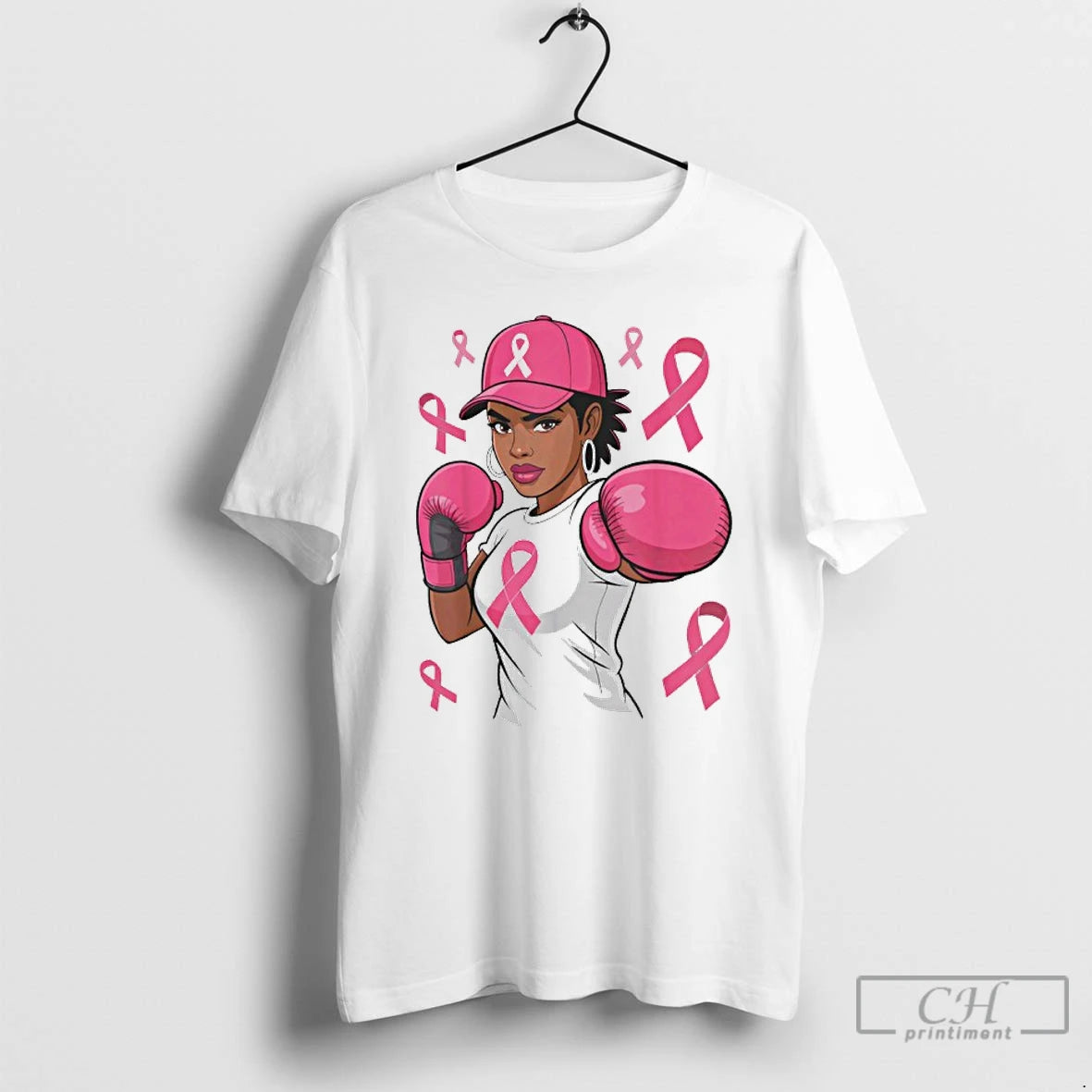Classic American Women Black African Fight Breast Cancer Pink Ribbon T Shirts