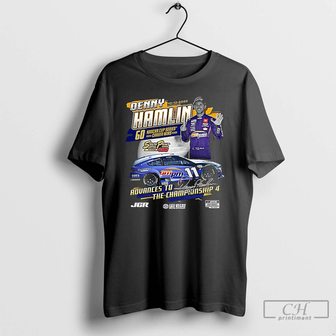 Classic Denny Hamlin Checkered Flag Sports 2025 South Point 400 Race Winner Signature T Shirts
