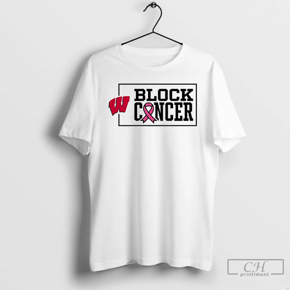 Classic Wisconsin Badgers Block Cancer Pink Ribbon T Shirts