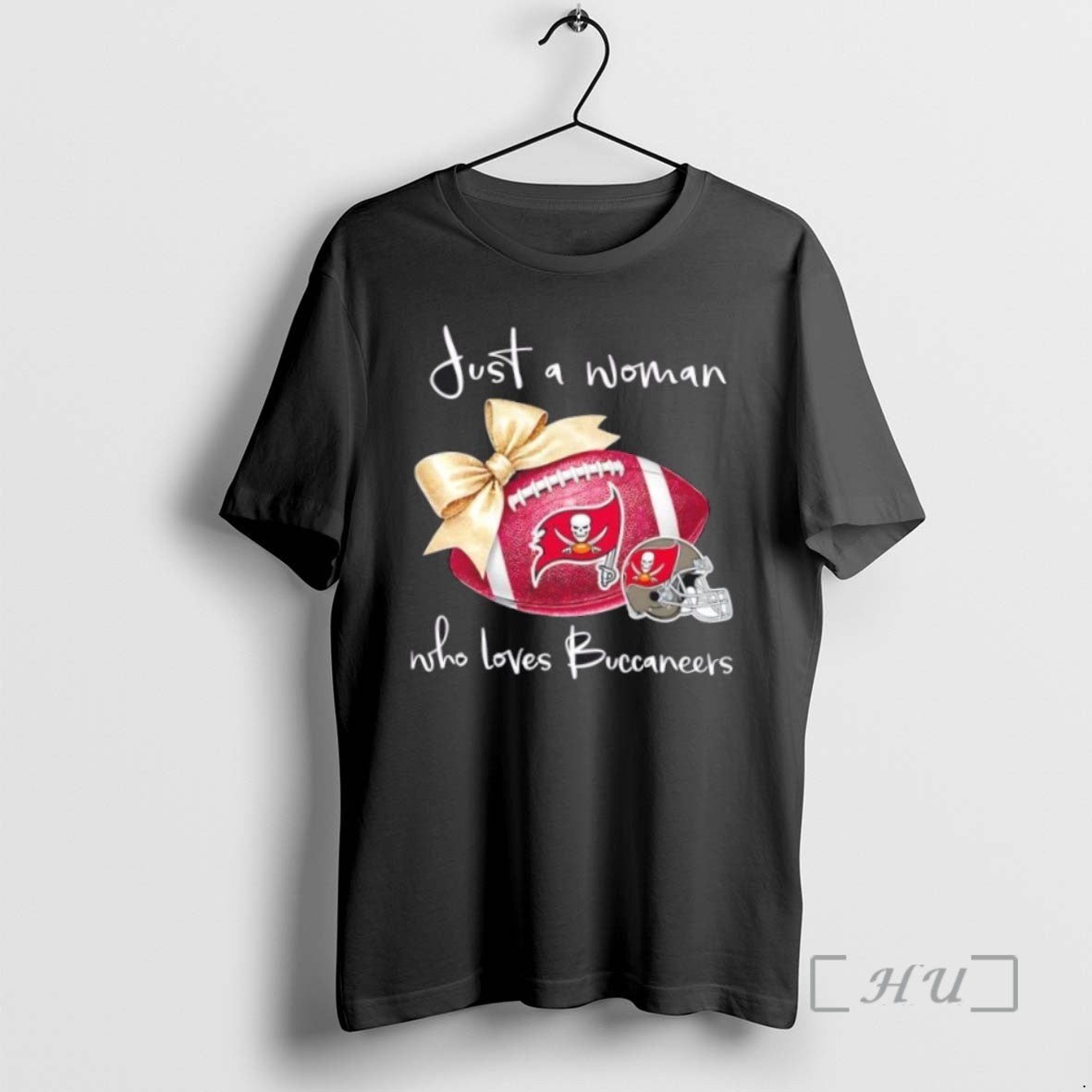 Limited Edition Just A Woman Who Loves Tampa Bay Buccaneers Football Helmet Tee Shirt Sweater