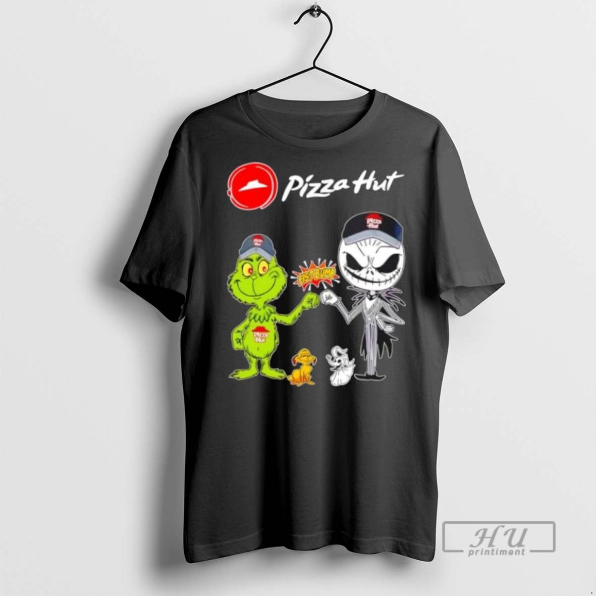 Limited Edition Pizza Hut X Grinch And Jack Skellington Fist Bump Uniwilling Friends Graphic Tee