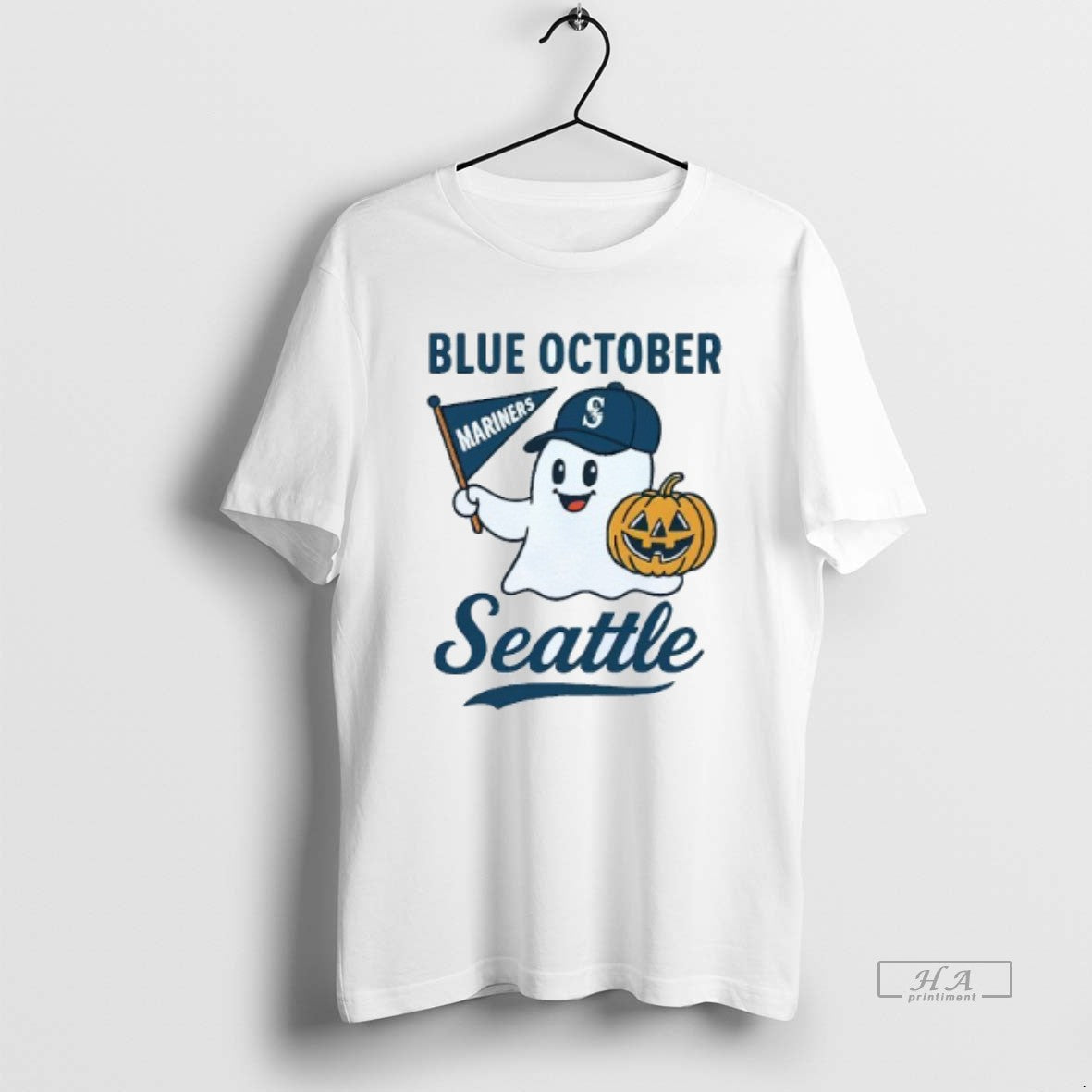 Official Blue October Ghost Seattle Mariners Halloween Mens White Tee