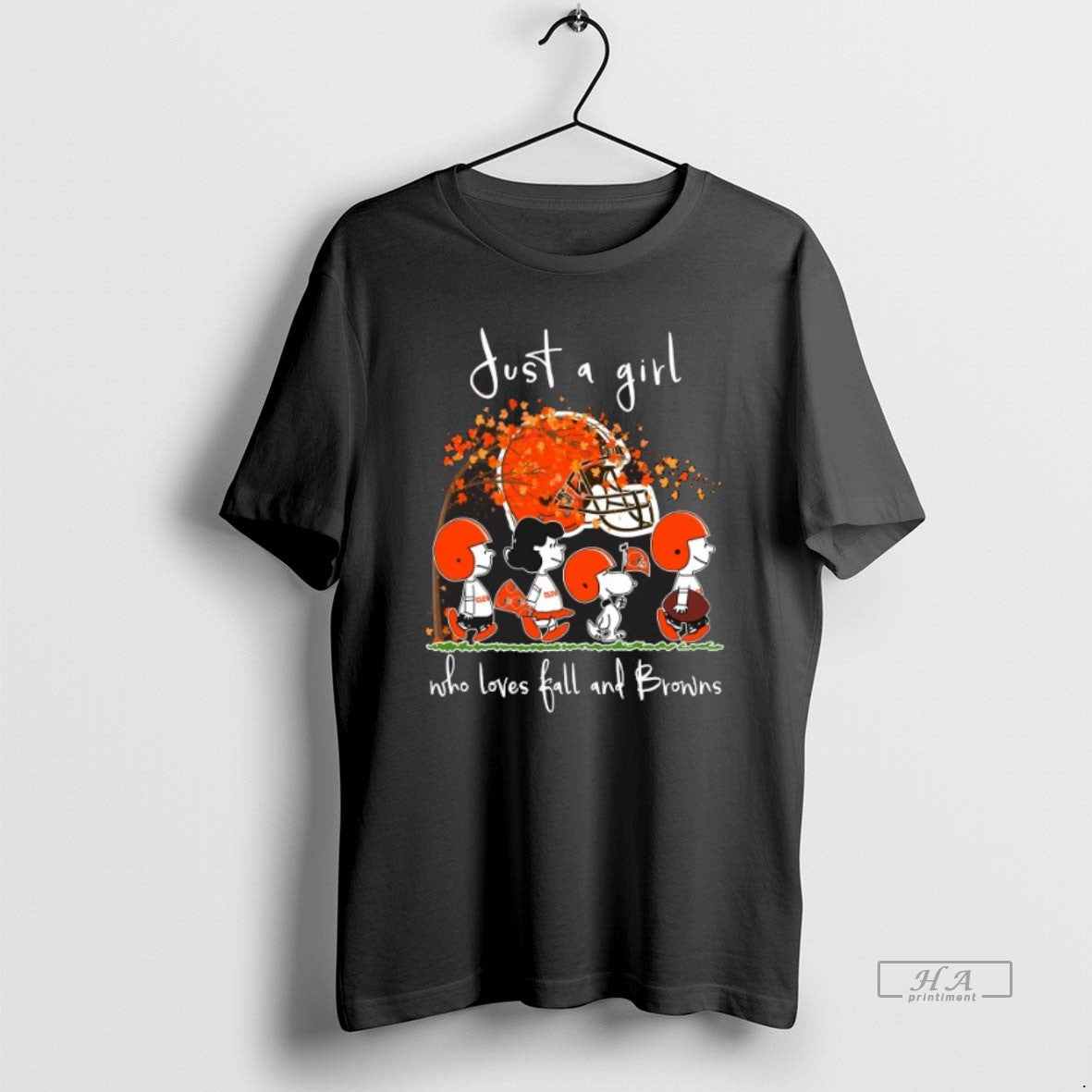 Official Trendy 2025 Peanuts Characters Just A Girl Who Loves Fall And Cleveland Browns Tee