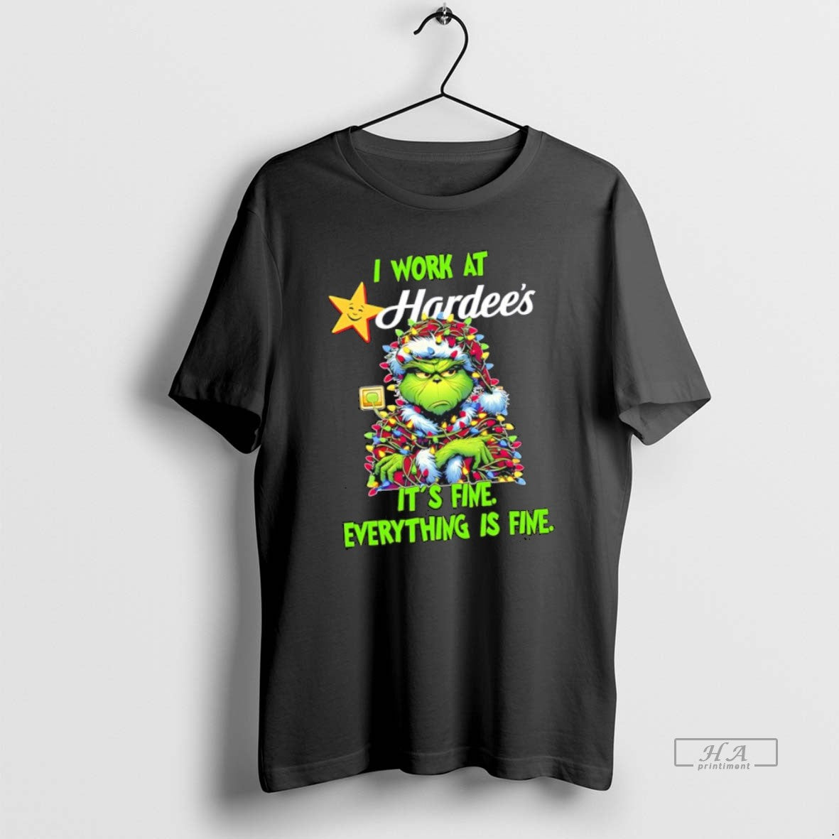 Official Trendy Grinch I Work At Hardees Logo Its Fine Everything Is Fine