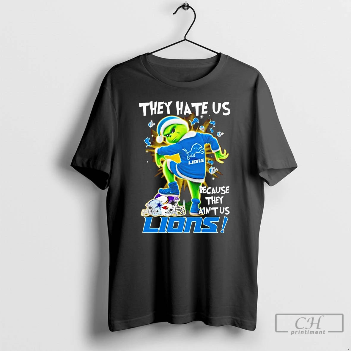 Premium Santa Grinch They Hate Us Because They Aint Us Lions Christmas T Shirts