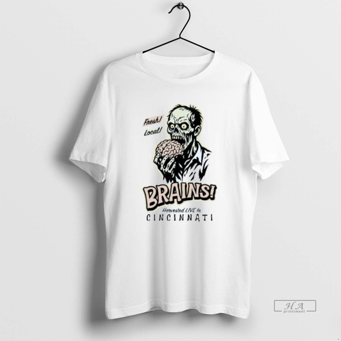 Trendy Fresh Local Brains Zombie Harvested Live In Cincinnati Halloween Mens White Tee