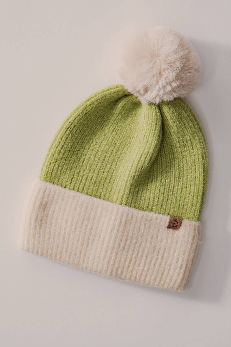 Cozy Colorblock Ribbed Beanie with Faux Fur Pom