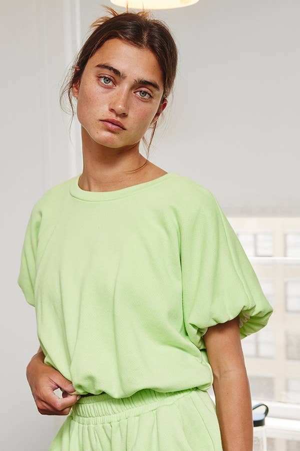 T2304 Bubble Hem & Sleeve Terry Crop Top