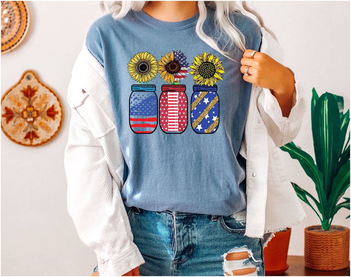 Mason Jar Sunflower -  USA Fun July 4th Patriotic T-Shirt