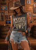 Fort Worth Tx Rodeo Horns Midriff Boxy Muscle Crop Top