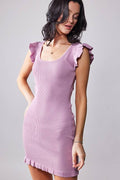 Ruffled Flutter Sleeve Ribbed Bodycon Dress