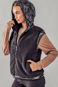 Plush Faux Fur Zip Up with Contrast Trim Hooded Vest