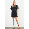 Puff Sleeve Embroidery Detail Suede Dress
