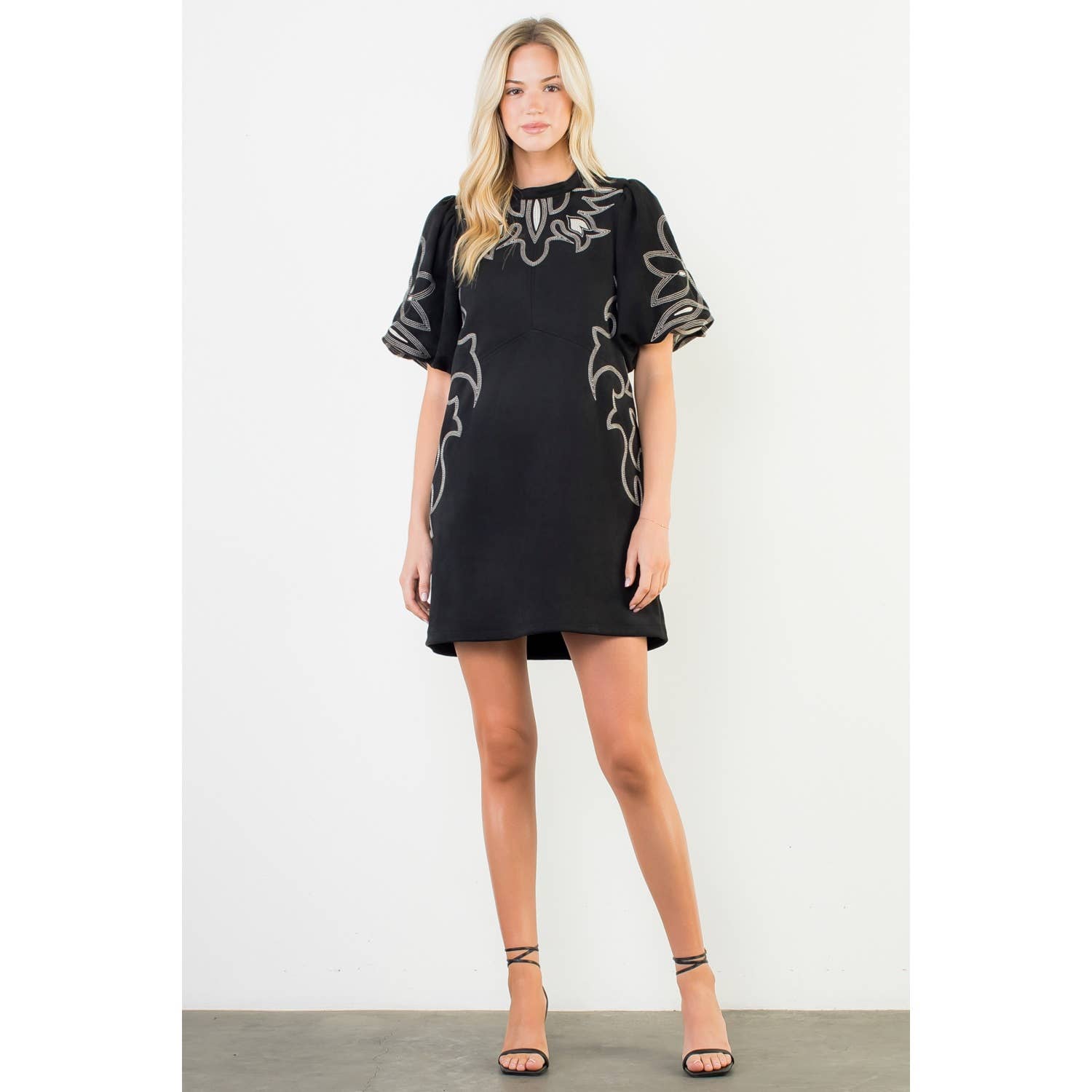 Puff Sleeve Embroidery Detail Suede Dress