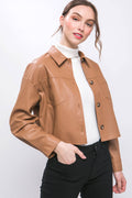 ...SI-27115 Pu Faux Leather Cropped Button Down Jacket