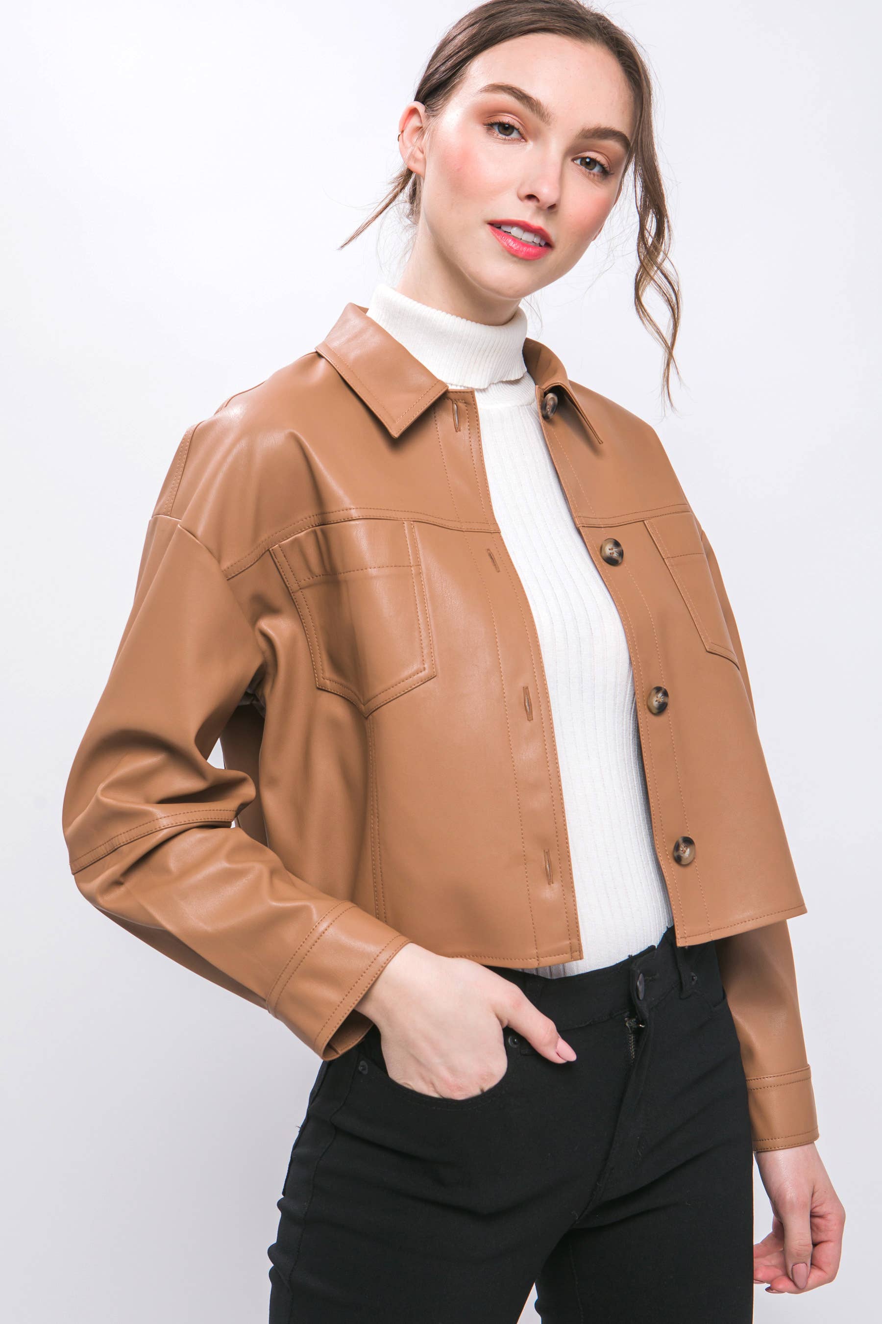 ...SI-27115 Pu Faux Leather Cropped Button Down Jacket
