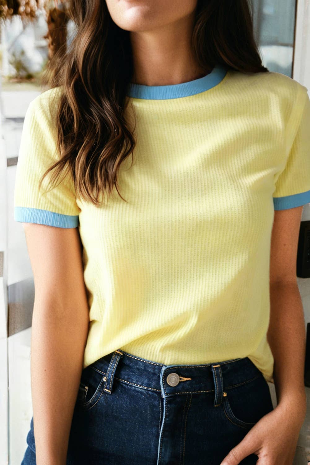 Waffle Textured Color Block Trim Crew Neck Tee (S-Xl)
