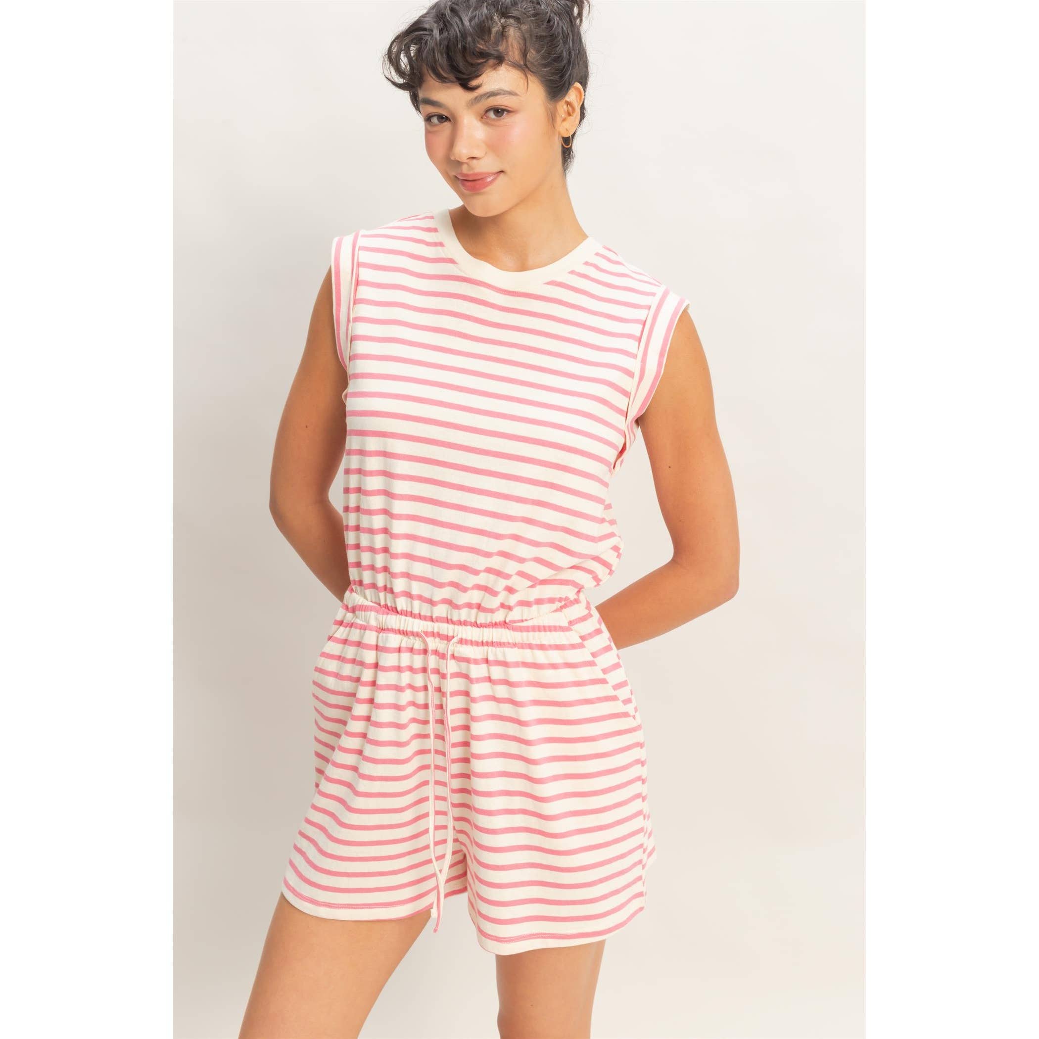 Striped Sleeveless Drawstring Romper