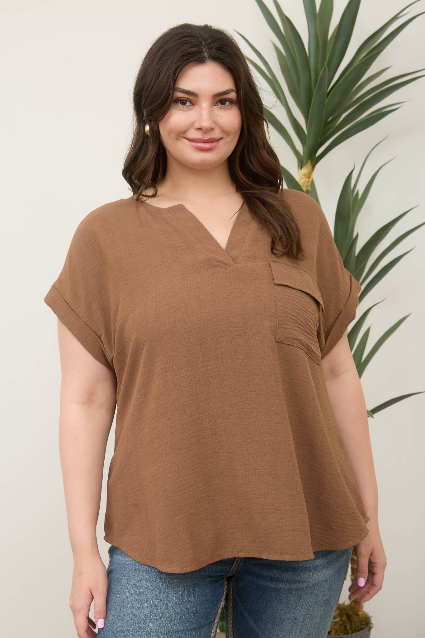Plus Split Neck Back Button Short Fold Sleeve Top