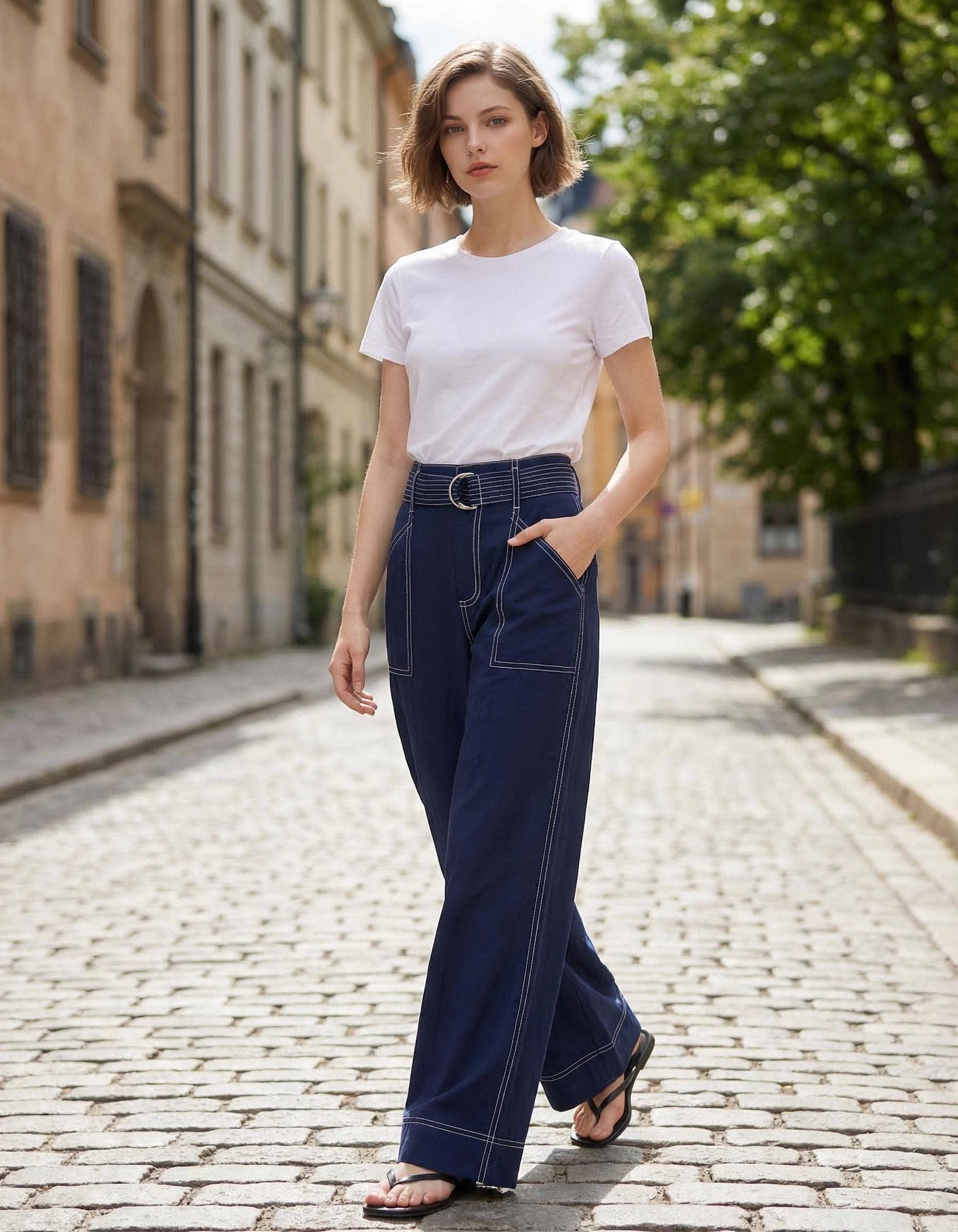 0316 Belted Wide Leg Woven Pants SI-29606