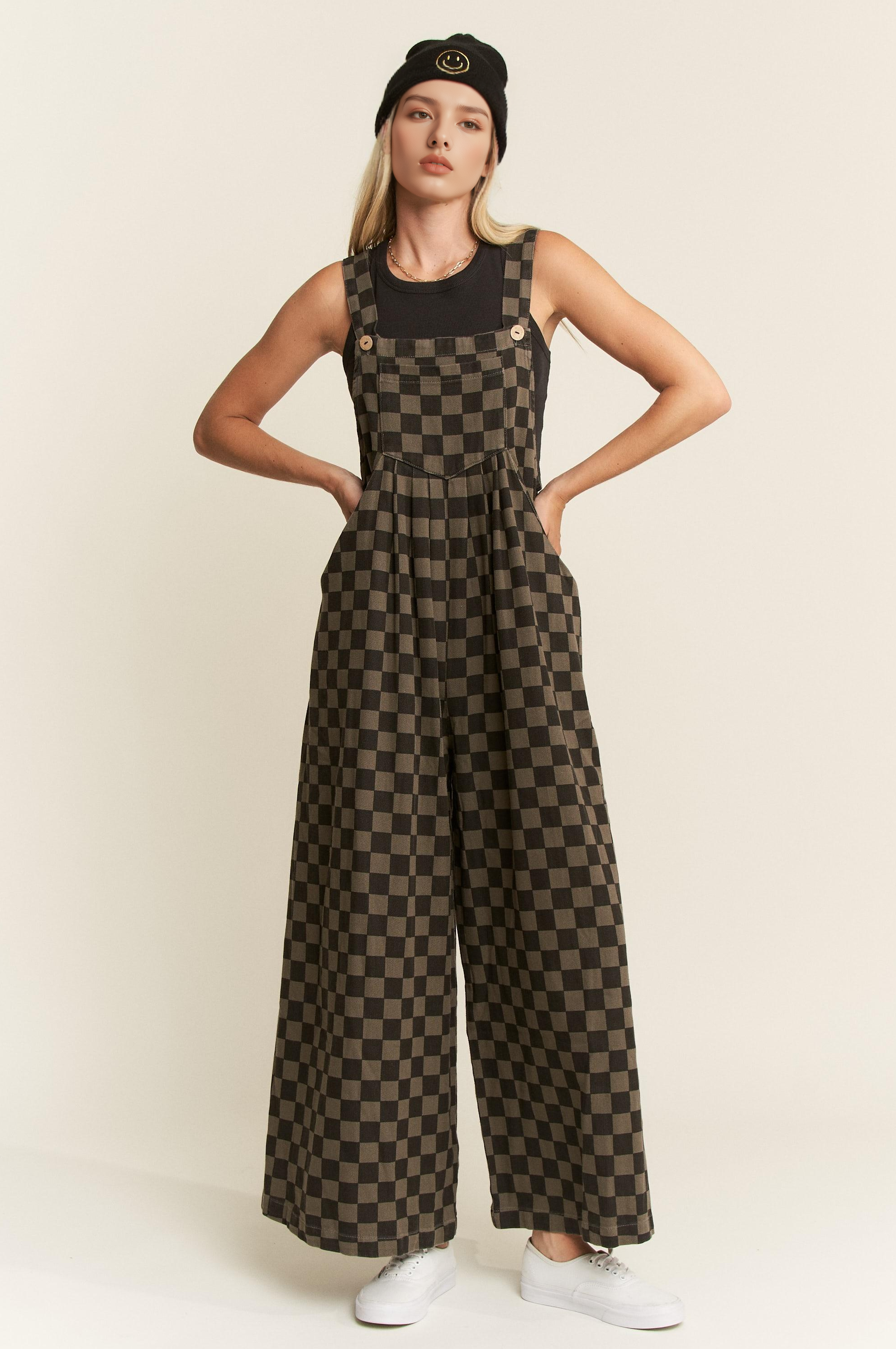 ...1010 Checkered Denim Wide Leg Overall SI-28638