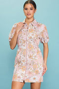 Short Puff Sleeve Floral Zip-Up Shirt Dress