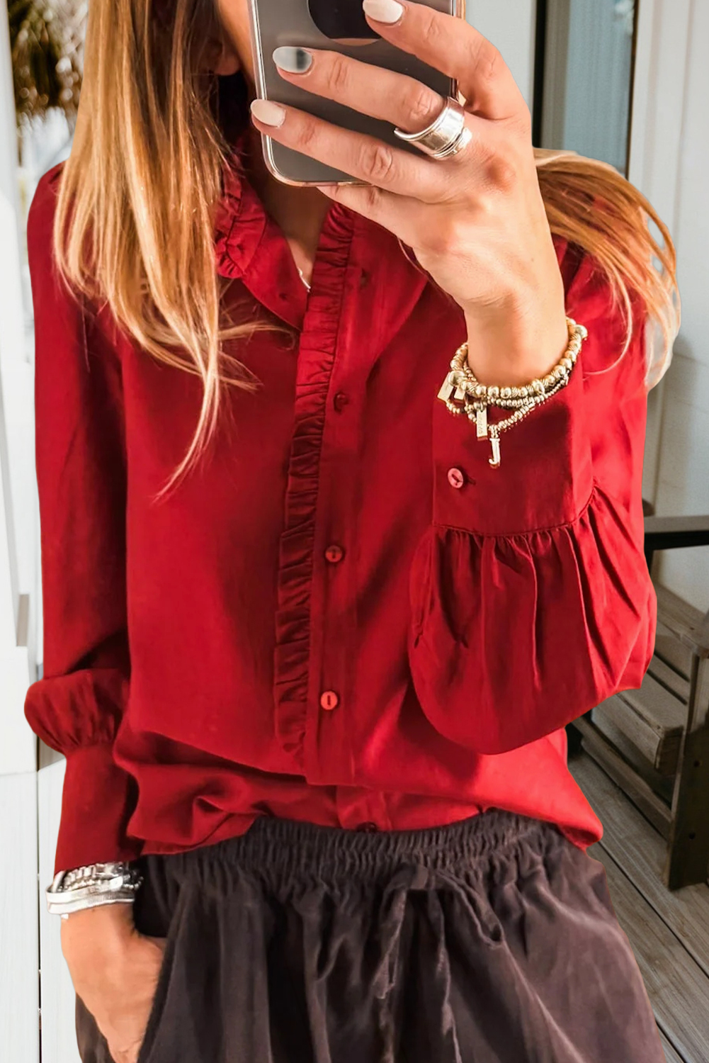 Frilled Trim Button Up Pleated Long Sleeve Shirt (S-Xl)