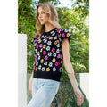 Black Short Sleeve Knit Top with Multicolor Floral Print