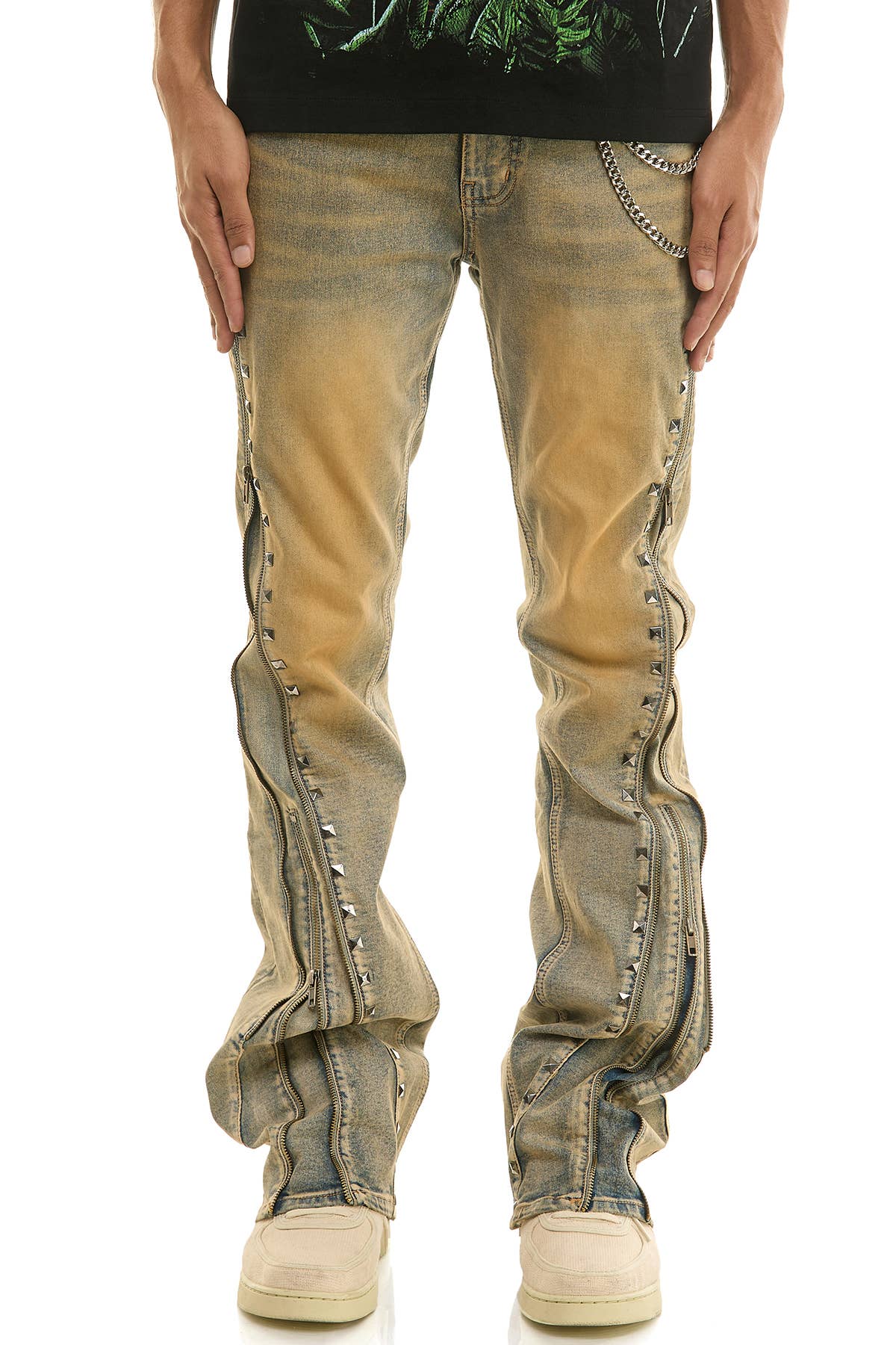 Stud Double Zipper Flare Jeans
