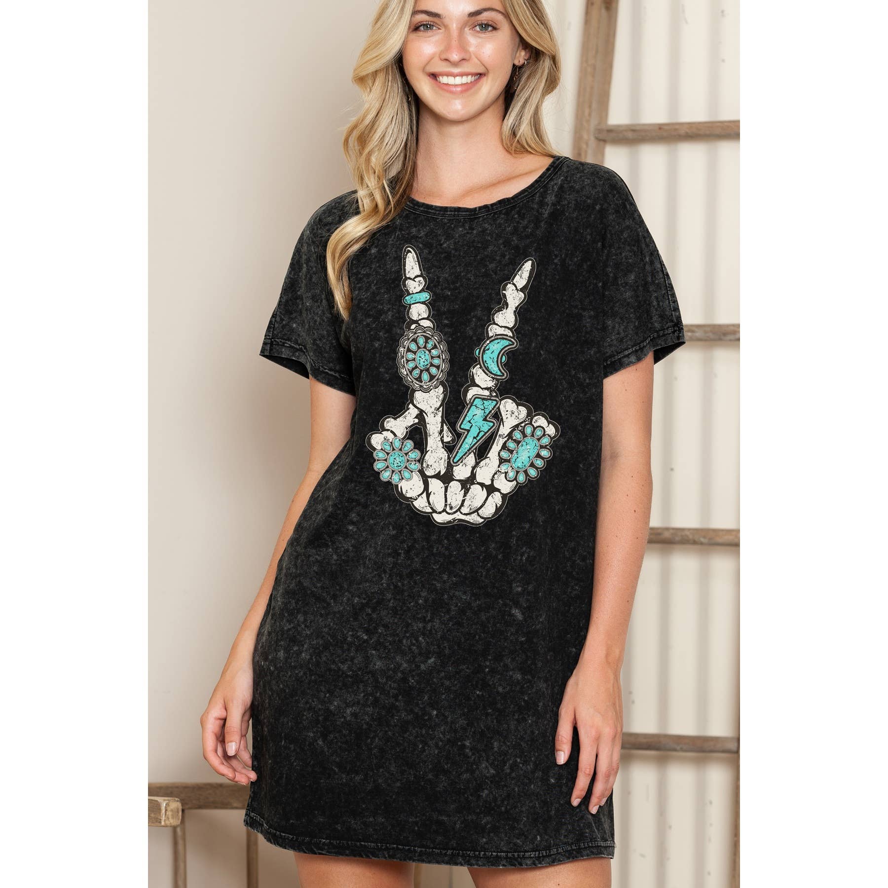 Skeleton Turquoise Peace Graphic - Mineral Wash Dress