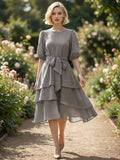 Linen Blended Puff Sleeve Dress w/ Lining