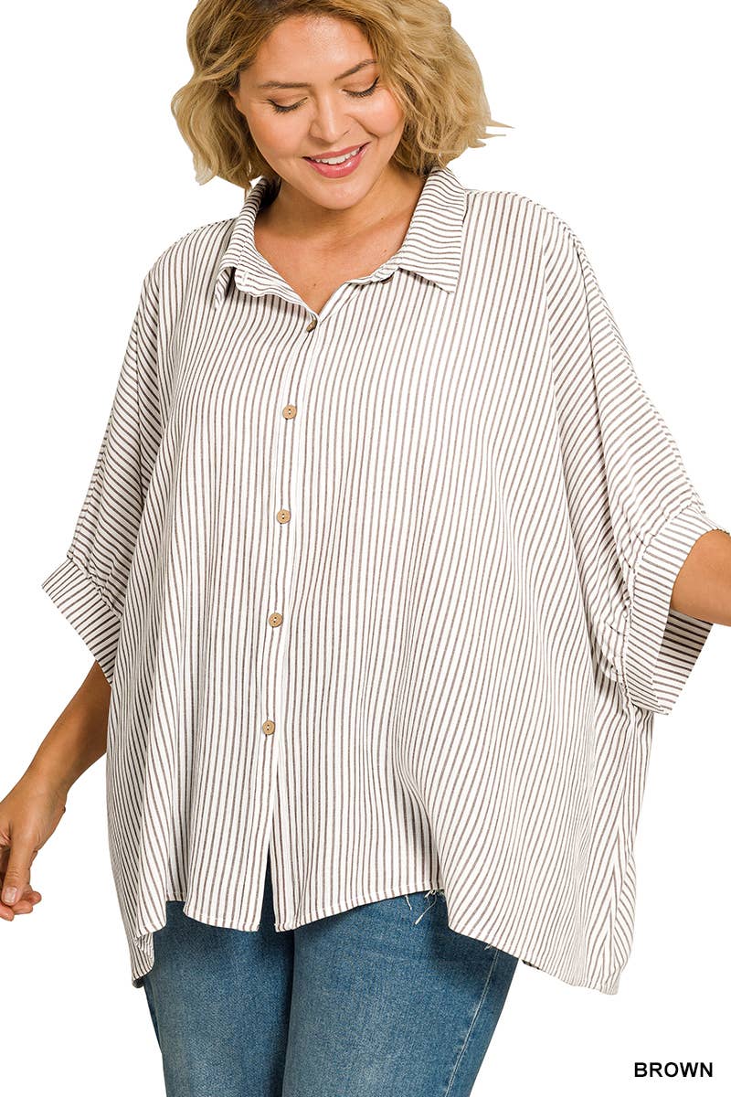 0206 Plus Woven Stripe Button Down  Boxy Shirt SI-29470