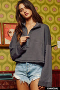 T1877 -Zip-Up Solid Knit Crop Sweatshirt