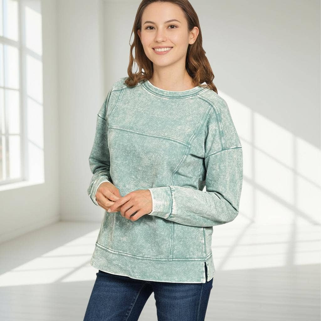 1022 Acid Wash F/Terry Exposed Seam Pullover SI-28951