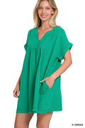 `.Double Gauze Raw Edge Dress w/ Pockets