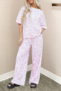 Leopard Half Sleeve Top and Pants Two Piece Set