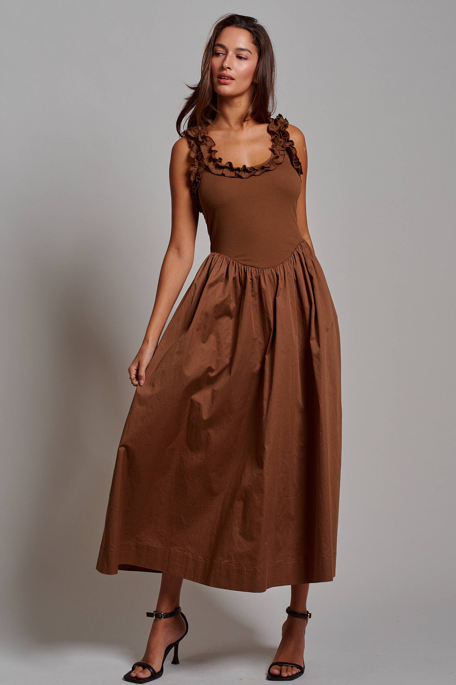 Ribbed Knit & Poplin Drop Waist Midi Dress