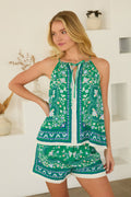 Floral Border Button-Front Halter Neck Top