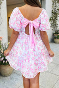 Floral Print Square Neck Ribbon Knot Back Mini Dress (S-Xl)