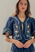 Floral Embroidered Tie Front Cotton Top