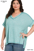 ...SI-27521 Plus Soft Melange Hacci V Neck Short Sleeve Hi Low