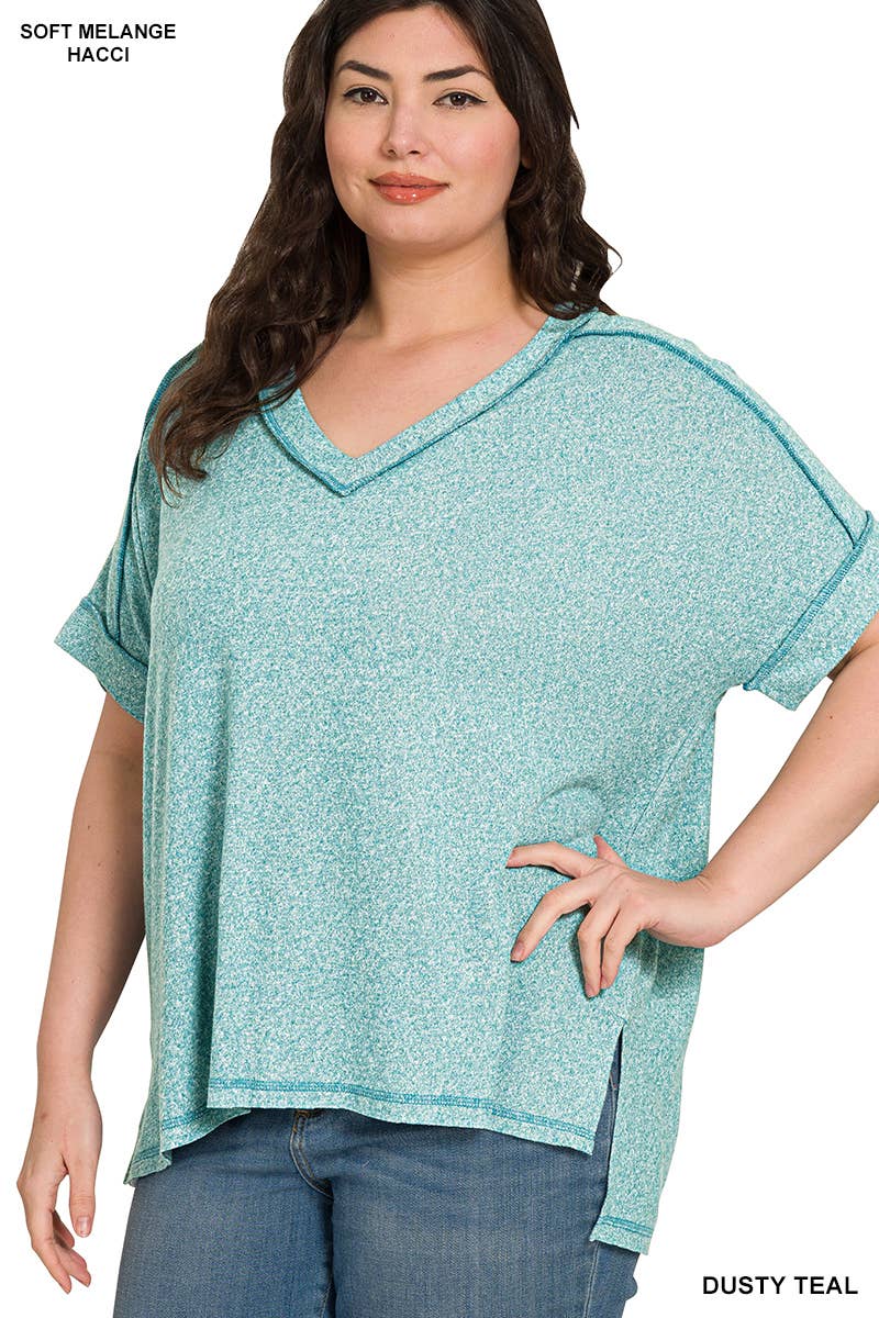 ...SI-27521 Plus Soft Melange Hacci V Neck Short Sleeve Hi Low