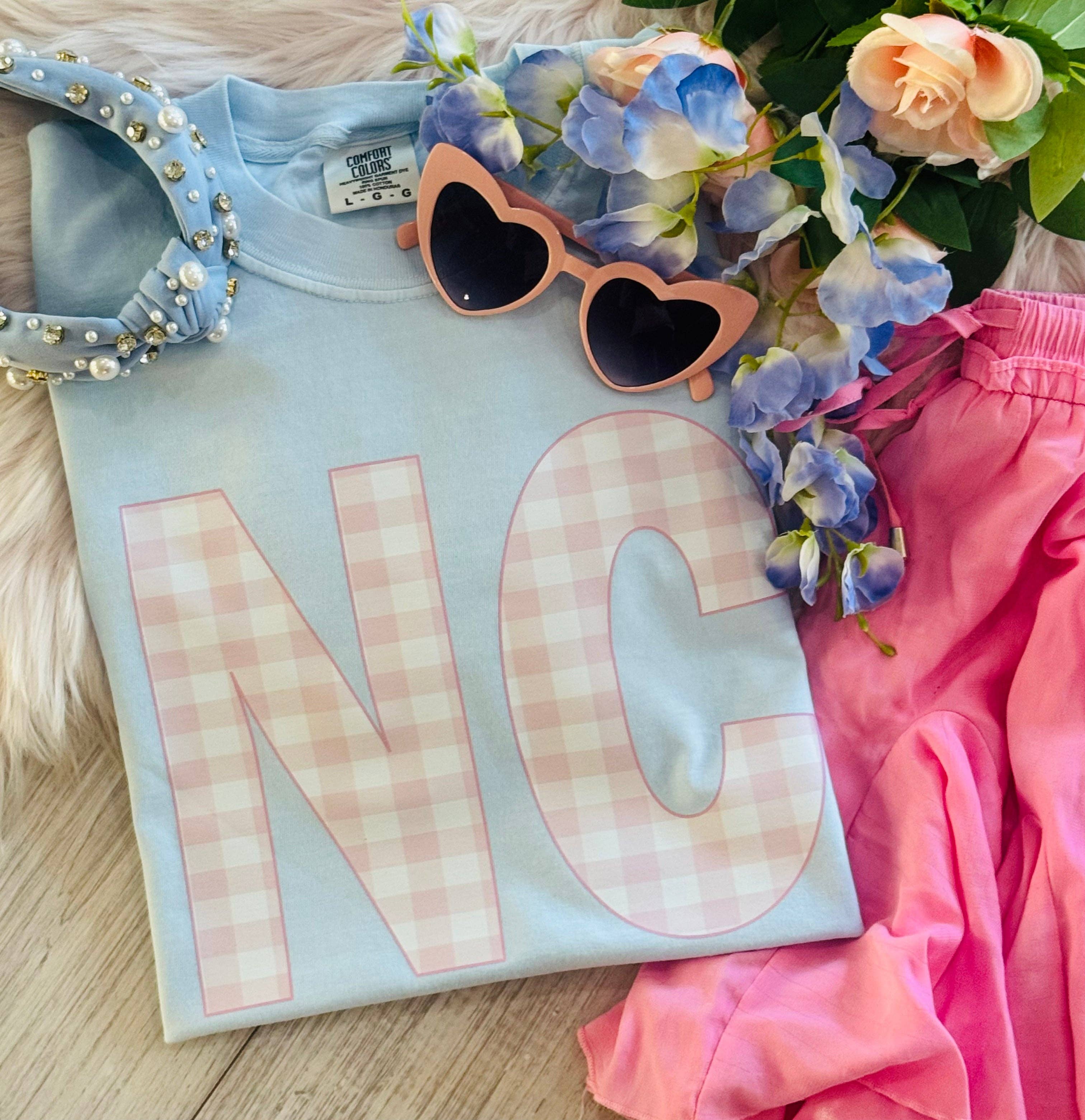 Nc Pink Gingham State Sweatshirt/Tee