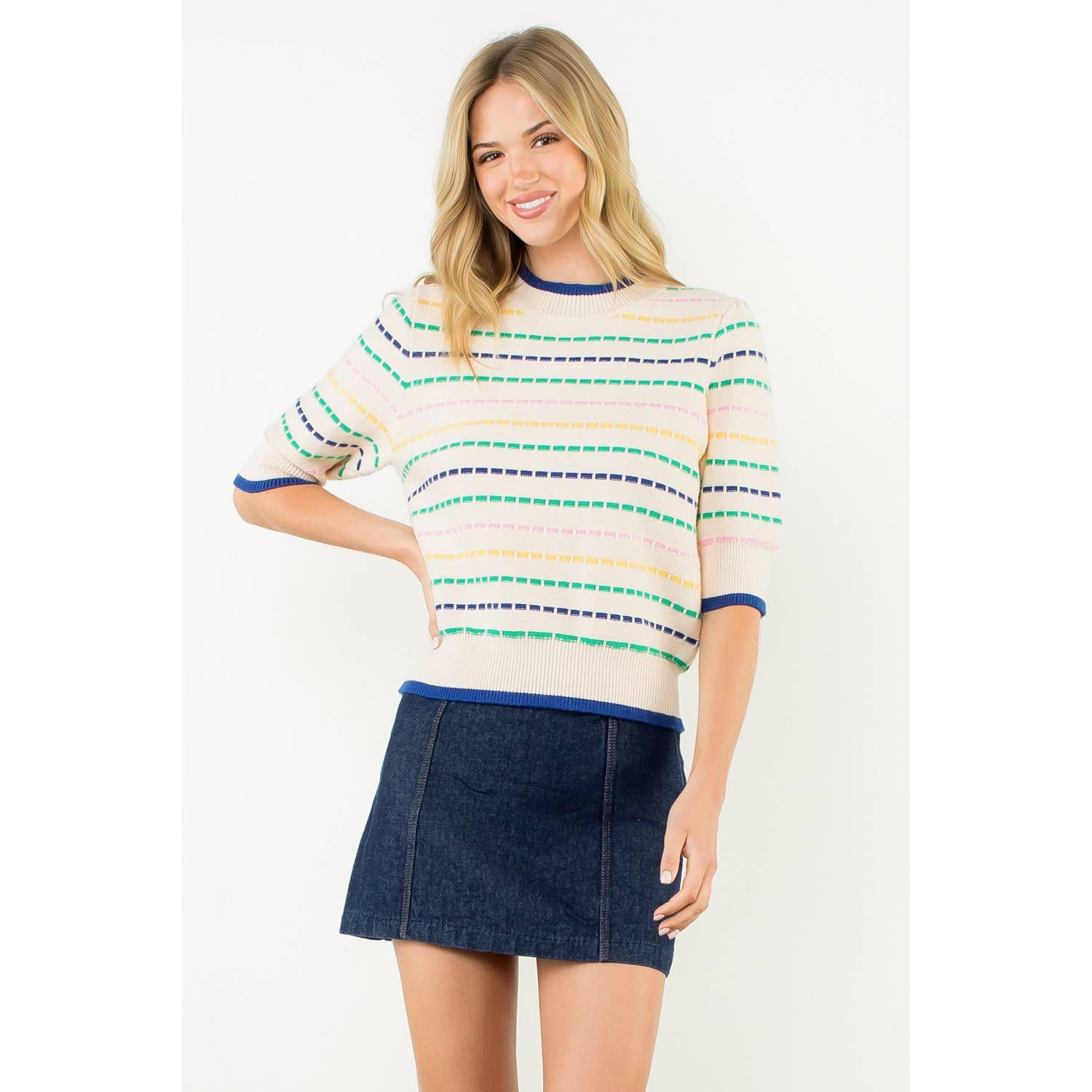 Striped Puff Sleeve Knit Top