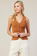 Sleeveless Ribbed Button-Down Top