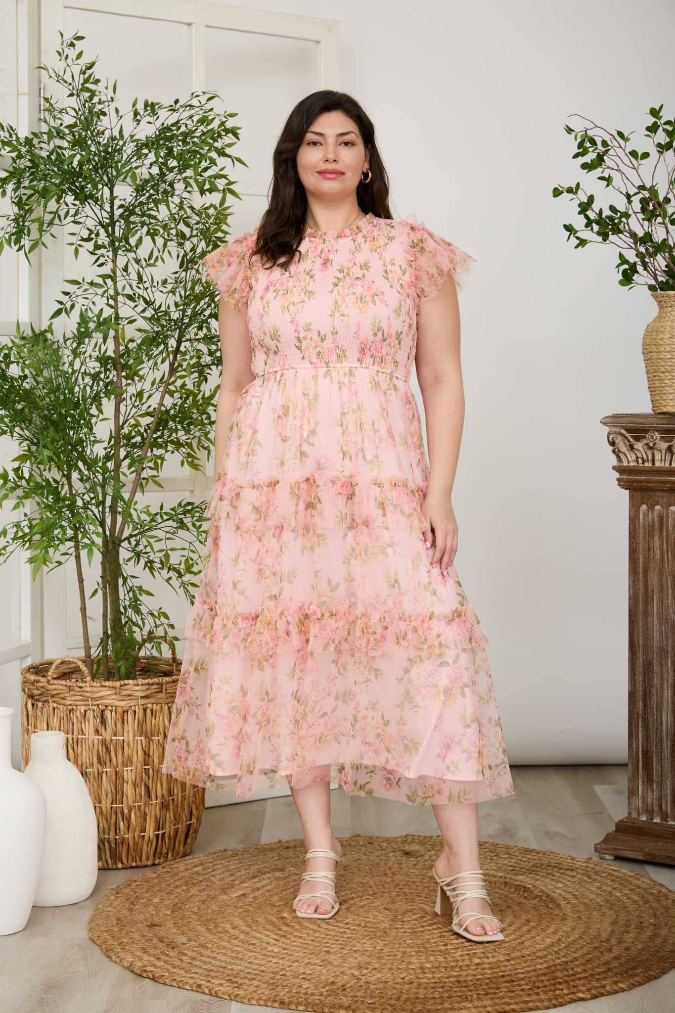 Plus Floral Tulle Pattern Smocked Midi Dress